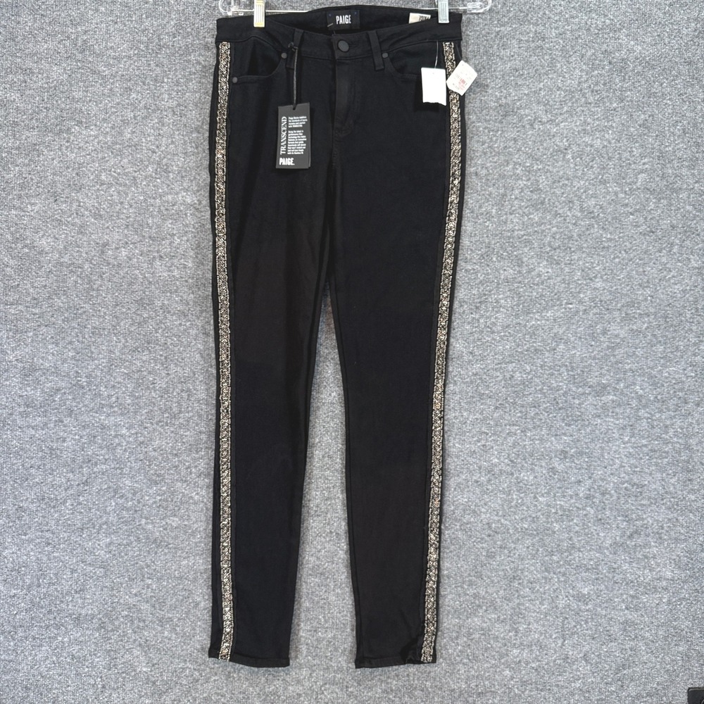Paige Verdugo Ultra Skinny Jeans Womens 30 Black Shadow Beaded Side Stripe NEW